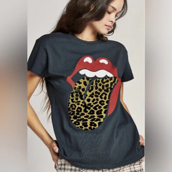 Free People x Daydreamer Rolling Stones Leopard Band T-shirt Sz S Rock Metal - Picture 1 of 16